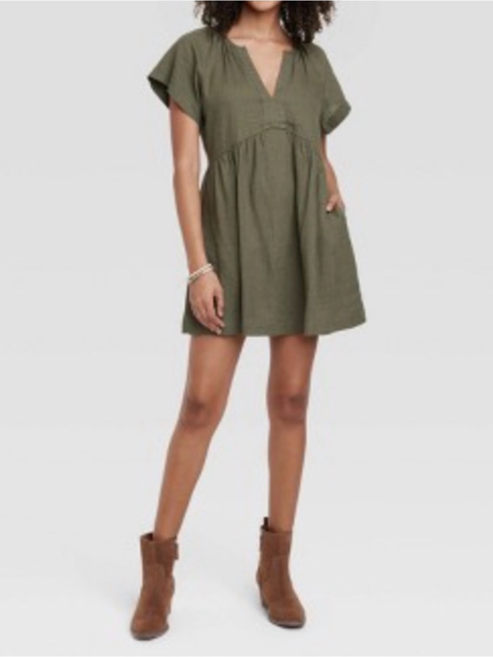 Universal Thread Short Tiered V-Neck Cotton Dress in Olive Green